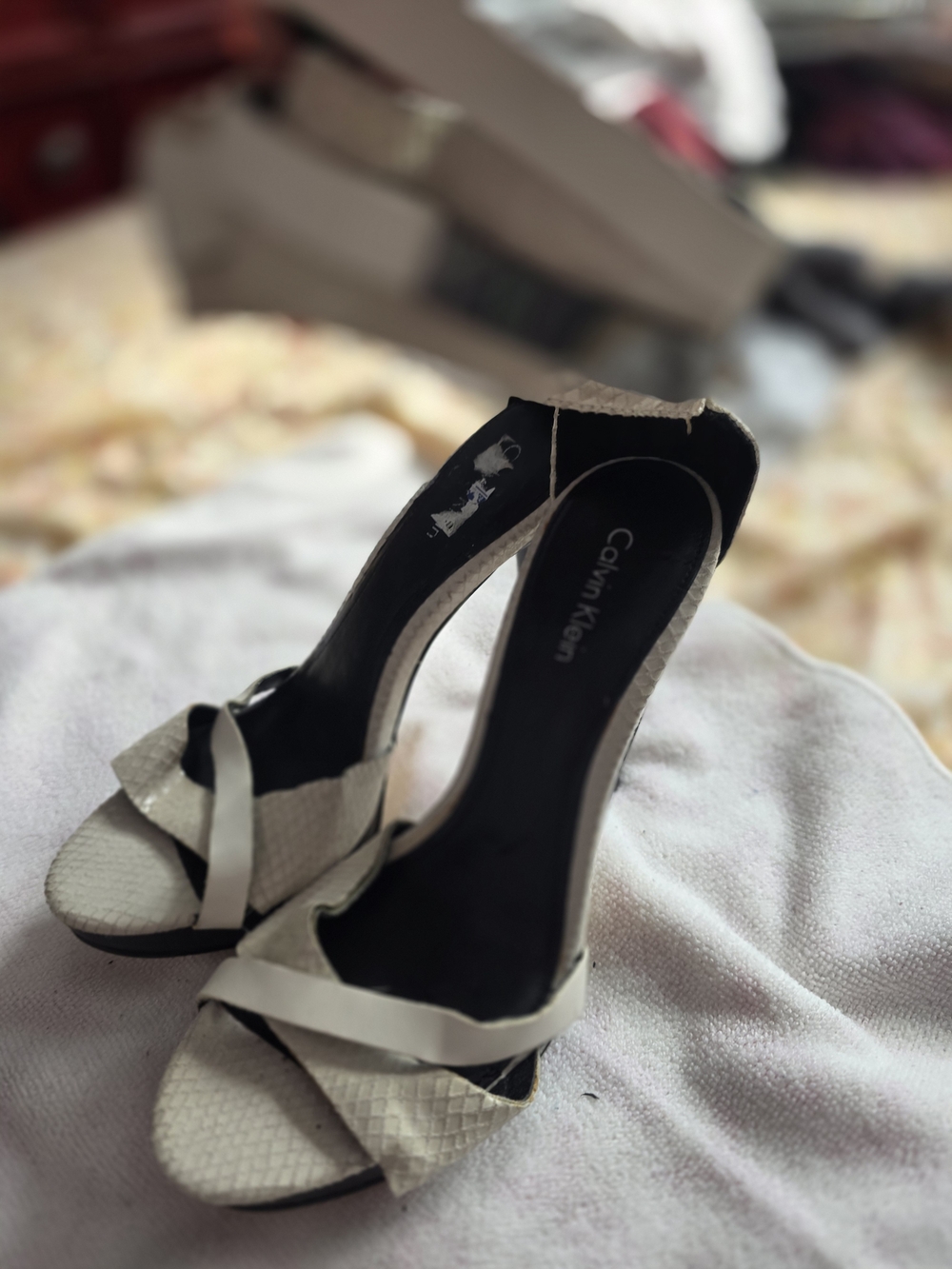 Calvin Klein Cream Textured Open-Toe Stiletto Sandals